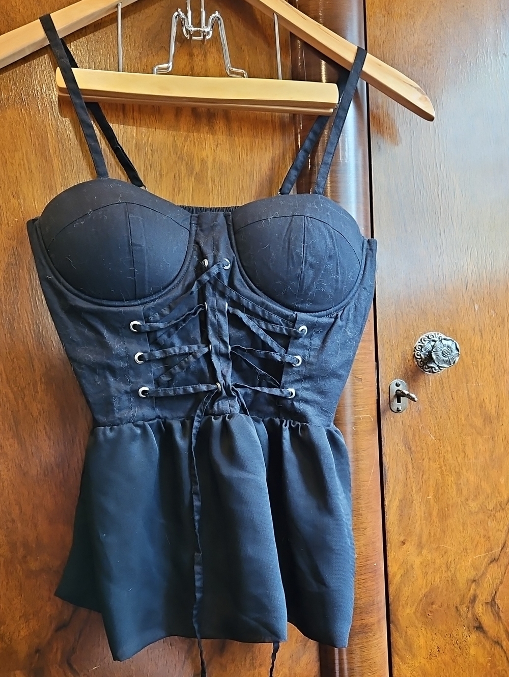 Black Lace-Up Bustier Peplum Top - Size M